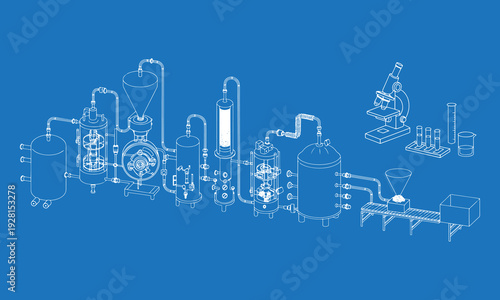Pharma Manufacturing Factory Line Art Vector Showing Pharmaceutical Machines, Laboratory Instruments, Drug Production Process, Medical Industry Automation and Chemical Engineering System