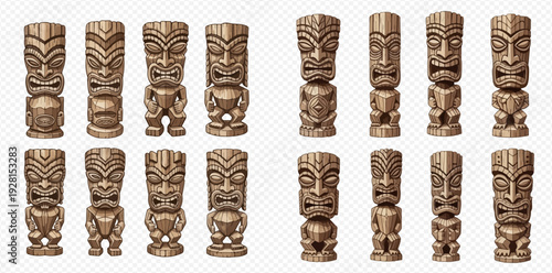 Collection of traditional wooden tiki statues representing ancient Polynesian culture.