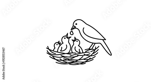 Simple black and white illustration of a mother bird feeding her chicks in a nest.