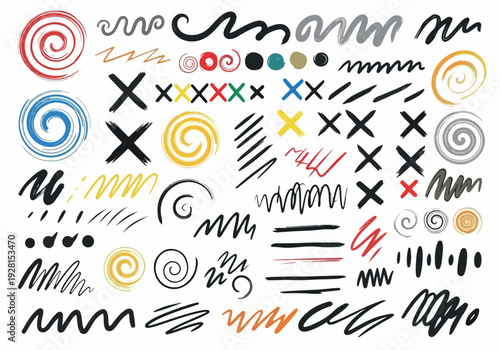 Collection of abstract hand-drawn scribbles, swirls, crosses, and lines in various colors and textures for graphic design elements