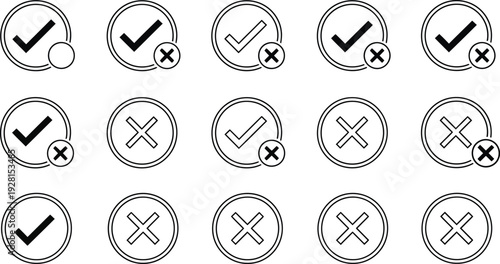 Checkmark and X mark outline icon collection. Includes various styles of checkmarks and X marks within circles. Created in black and white outline style with a minimalist palette