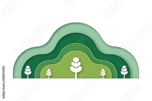Stunning green eco landscape with layered hills and trees isolated on transparent background