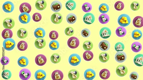 Displays a pattern of cartoon money and finance themed icons. Suitable for financial websites, presentations, and educational materials on money management.