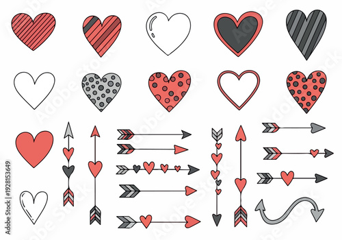 Collection of Hand-Drawn Hearts and Arrows in Coral and Gray Tones on a White Background, Ideal for Design Elements