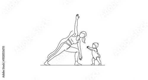 Mother practicing yoga with her little child together in harmony.