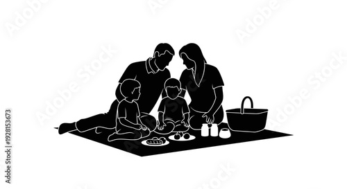 Family having a picnic together outdoors on a blanket.