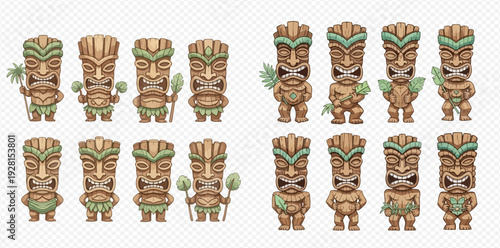 Set of various traditional Hawaiian tiki masks and statues with different expressions and accessories.