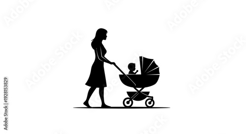Mother walking with baby in stroller silhouette.