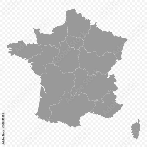 High quality detailed map of France with administrative boundaries of regions isolated on transparent background