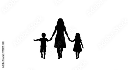 Silhouette of a mother holding hands with her two children.