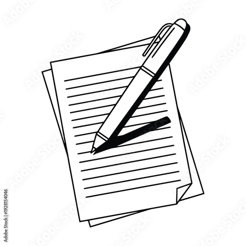 Black pen resting on stack of white lined paper sheets with visible lines and shadow in minimalist style
