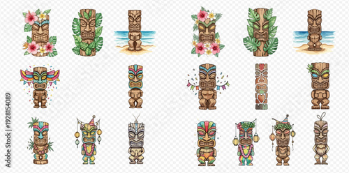 Set of watercolor Tiki masks and totems, traditional Hawaiian and Polynesian ancient idols, isolated on transparent background.