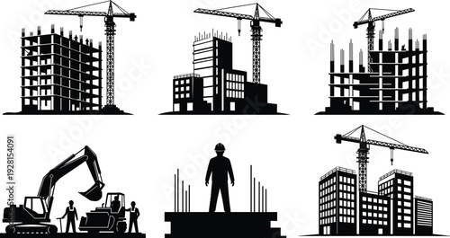 Construction site silhouette set, building cranes, workers, excavator, urban development, industrial architecture, black vector illustration collection