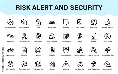 Risk Alert Security Icons Set for Finance, System Warning, Error, Growth, Protection, Compliance, Network and Business Safety