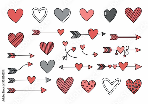 Hand-drawn heart and arrow illustrations for romantic and decorative purposes