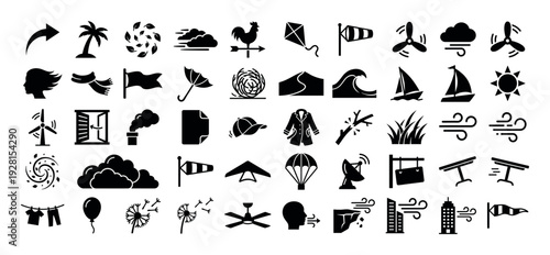 Collection of weather and wind-related icons representing natural phenomena and human activities