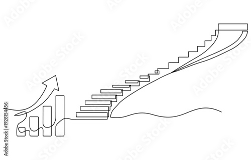 One continuous line drawing of graph icon isolated on white background. Single line art of business growth. Object one line of increasing arrow 
