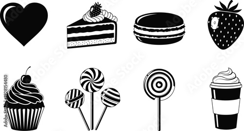 Dessert silhouette icon set, heart shape, cake slice, macaron, strawberry, cupcake, lollipop, coffee cup, sweet food vector collection