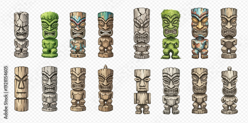 Set of ancient Hawaiian tiki idols made from wood and stone, isolated on a transparent background.