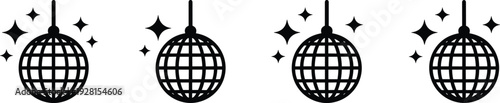 Disco ball icon set, sparkling mirror globe party decoration black silhouette vector illustration collection