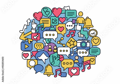 Social media communication icons and symbols forming a circular pattern representing online interaction, engagement, and digital networking across various platforms