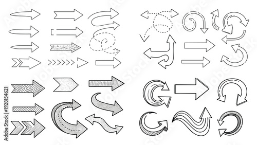 Creative assortment of hand-drawn and stylized arrows, featuring various textures and shapes for artistic presentations, infographics, and design layouts.