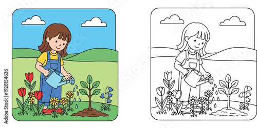 Cute Little Girl Watering Plants and Flowers in the Garden with Coloring Page and Colored Version, Educational Activity Book Illustration for Kids Gardening and Nature Theme