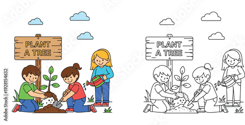 Kids Planting a Tree Illustration with Coloring Book Page Version, Earth Day and Environmental Conservation Concept for Children Education Vector