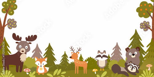 Forest animals gather around a lush green meadow with trees