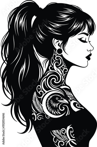 Woman silhouette with ponytail and elaborate raven and tribal tattoo design on shoulder and neck stylish graphic illustration.