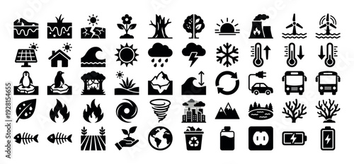 Collection of environmental and ecological icons representing climate change and sustainability