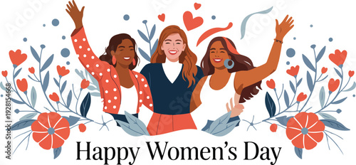 A flat, 2D illustration of three women of different ethnicities standing in a celebratory pose against a white background, surrounded by decorative floral elements.