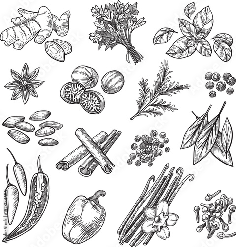 Detailed ink sketch of garden herbs for organic branding vector