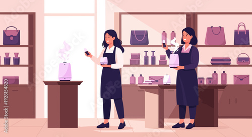 Two Women Working in Luxury Handbag Store.