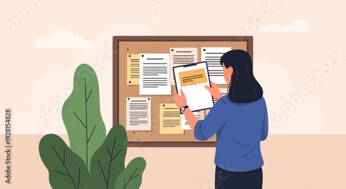 Woman Examining Documents on Notice Board.