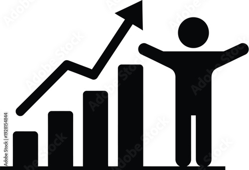 Person celebrating success with raised arms next to rising bar graph and arrow