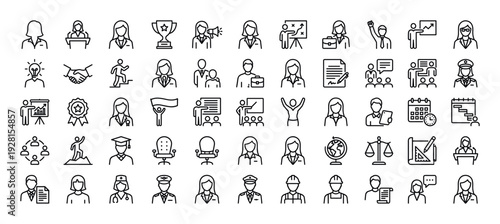 Collection of professional business and career icons representing diverse professions and achievements