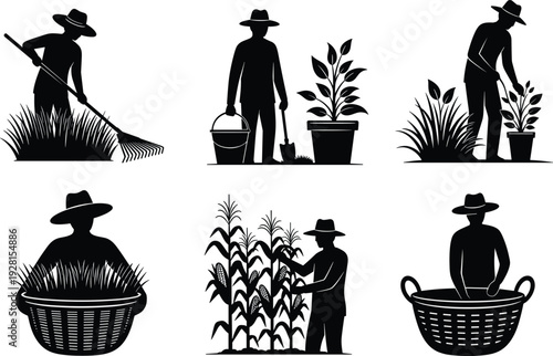 Farmer agriculture silhouette set, gardening harvesting and planting crops rural farming vector illustration collection