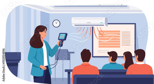 Woman presenting to audience in classroom setting.