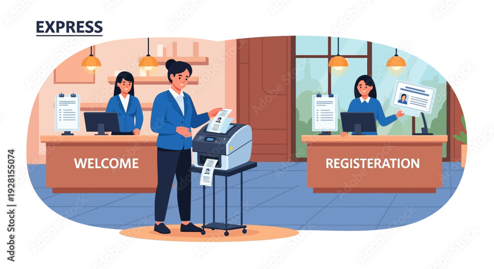 Naklejka premium Hotel Reception Desk Staff and Guest.