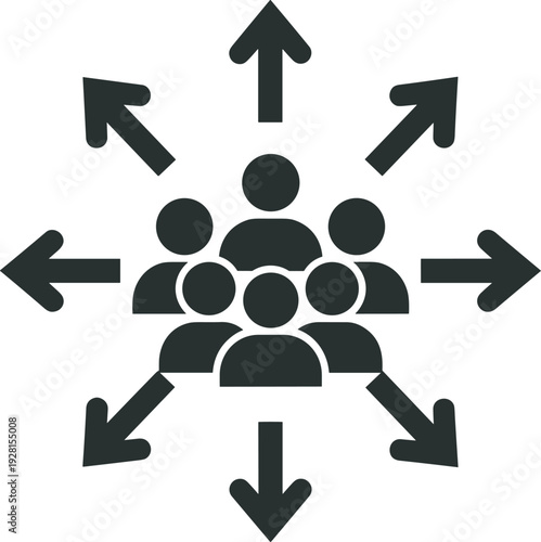 Black silhouette illustration of group of people with arrows pointing outward in multiple directions, symbolizing decentralization, distribution, teamwork, 