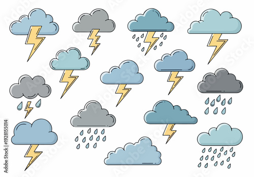 Weather icons featuring various types of storms, including lightning, rain, and clouds, symbolizing meteorological phenomena and forecasting