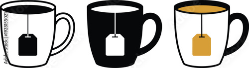 Cute cartoon tea mugs vector set colorful happy mugs with different teas and teabags fun drink characters isolated white