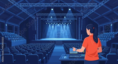 Woman Operating Sound Equipment in Theater.