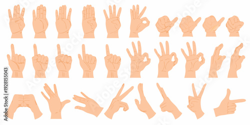 Collection of diverse hand gestures and signs in a cartoon style