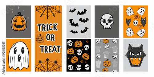 A collection of halloween themed illustrations arranged in a grid pattern