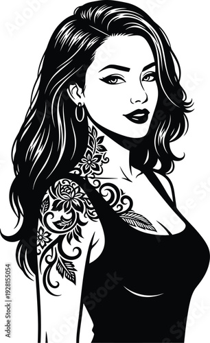 Woman with long hair and floral shoulder and neck tattoo design captivating front-facing graphic illustration.