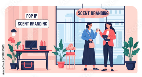 Women Discussing Scent Branding in Office.
