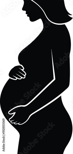 Silhouette profile of pregnant woman holding her belly symbol