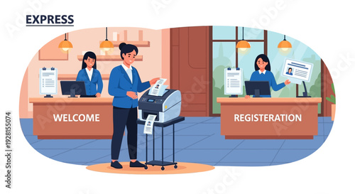 Hotel Reception Desk Staff and Guest.